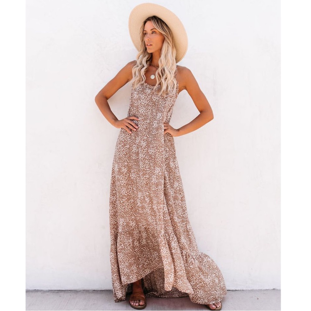 Conch Printed High Low Ruffle Maxi Dress